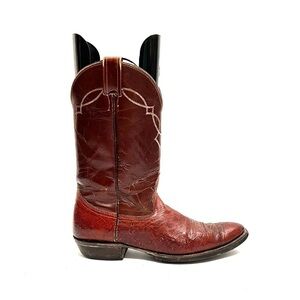 Vintage 1970s men’s oxblood leather ostrich mid calf pull on cowboy boots